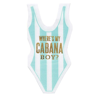 Swimsuit Shaped Napkins - Cabana BoyRelax by the pool with these adorable swimsuit shaped napkins.

Mint green and white striped swimsuit napkins with "Where's My Cabana Boy?" in gold lettering
DurableCreative Brands