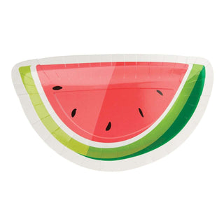 Watermelon Shaped Paper PlatesRelax and refresh with this watermelon shaped paper plate set.
Features:

Pink and green watermelon design
Durable and disposable
8 count
Slant