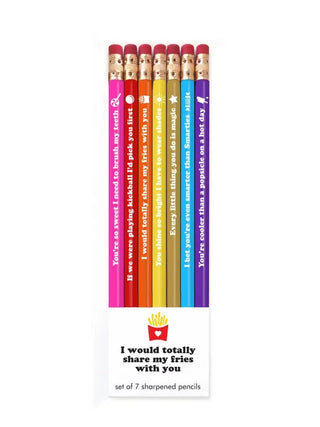 A carded set of Share My Fries Pencil Set pencils with a quote on them. (Brand Name: Snifty)