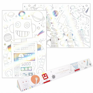 Space Coloring PostersLittle astronauts will love these shiny space coloring posters. Featuring silver foil holographic illustrations of robots and a space scene, they'll look amazing as Meri Meri