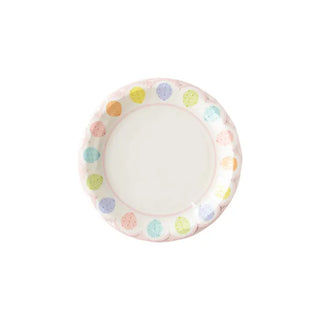 A 9" X 9" Speckled Egg Plate from My Mind's Eye with a colorful polka dot pattern.