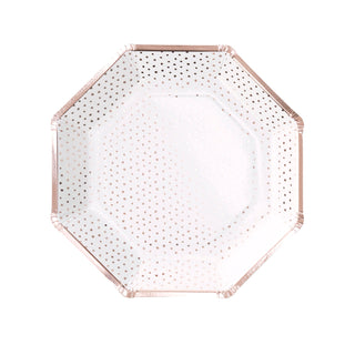 These Ginger Ray Spotty Print Rose Gold Paper Plates are octagonal with polka dots, perfect for special celebrations.