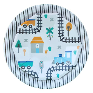Steam Train Small PlatesSteam Train coming through! All aboard! Featuring blue, green and orange colors, these train plates will make your train party the most stylish. 
Package contains 8 Pooka Party