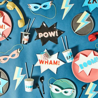 Superhero CupsMake your party drinks look really super with these fabulous cups decorated with 'Zap!', 'Wham!', 'Pow!' and 'Boom!' An easy way to add a vibrant touch to your partyMeri Meri