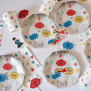 Superhero Small PlatesFeaturing vivid bright colors, these superhero plates are fun and powerful!
Package contains 8 sturdy paper plates. 
Each plate measures approximately 7 inches. 
NotPooka Party