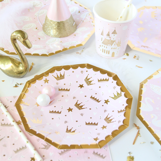 Sweet Princess Small PlatesPretty in pink! Featuring blush pink and white paired with gold foil-pressed elements, these plates are royally rad! 

Illustrated by Hello!Lucky
Paper Dessert PlateDaydream Society