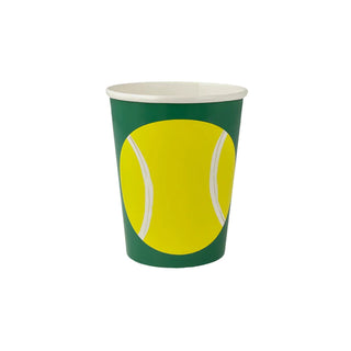 A green and yellow sustainable FSC paper Tennis Cups with a tennis ball on it by Meri Meri.