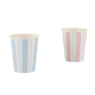Two Pastel Stripe Cups made from sustainable FSC paper, featuring blue and pink stripes for a summery feel by Meri Meri.