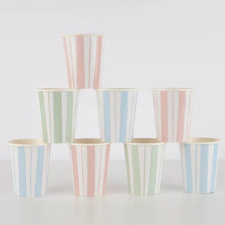 A stack of Meri Meri Pastel Stripe Cups made from sustainable FSC paper, giving a summery feel.