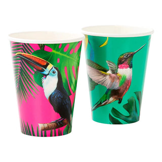 Two Tropical Fiesta Bright Paper Cups adorned with a toucan and a palm tree, perfect for a tropical fiesta or party accessories from Talking Tables.