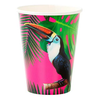 This pink Talking Tables Tropical Fiesta Bright Paper Cup features a toucan, perfect for a tropical fiesta or party accessories.