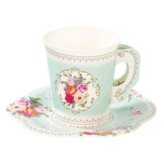A Truly Scrumptious Teacup & Saucer Set with flowers, giving it a vintage feel. (Talking Tables)