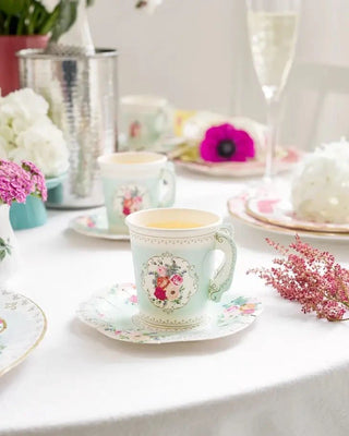 A table setting with a tea-party feel, Truly Scrumptious teacup and saucer sets by Talking Tables.