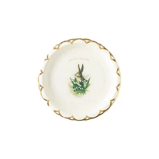 A set of six Vintage Easter Plates by My Mind's Eye, perfect for spring decor with green leaves.