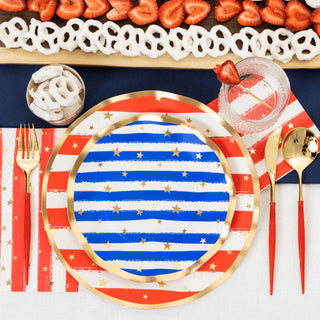 WAVY SALAD PLATE PATRIOTIC CONFETTIThese ruffled edge plates show off stripes of the American Flag,, a perfect collection for that summer BBQ! Add a a touch of elegance to your spring gatherings! ImprSophistiplate