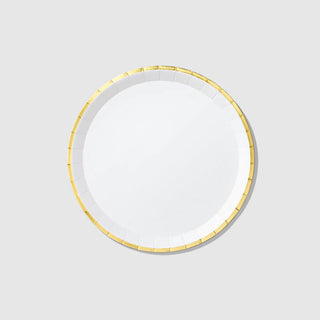 A sturdy White and Gold Classic Large Plate with a gold rim on a white background by Coterie Party Supplies.