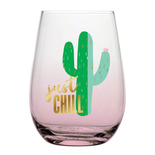 Wine Glass -Sip wine in style with this adorable stemless wine glass.
Features:

Traditional size
Pink glass with green cactus and "Just Chill" in gold lettering
Size:3.5" x 5" Creative Brands