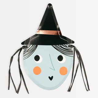 Witch PlatesAdd a delightful decorative touch to your Halloween table with these happy witch plates. She wears a hat with a shiny foil band, and has sensational 3D black raffia Meri Meri