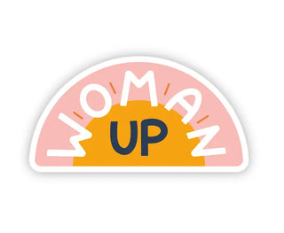 A matte sticker with the word "woman" on it, suitable for laptops. -> A Woman Up Feminist sticker from Twentysome Design, suitable for laptops.