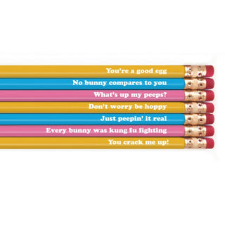 A set of Snifty's You're A Good Egg Easter Pencil Set with various sayings, perfect as a gift for Easter baskets.