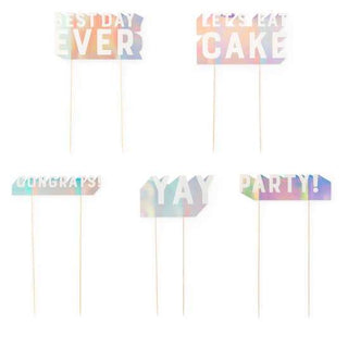 Assorted Paper Cake Topper SayingsKick your cakes up a notch! Whether you've got something to say or you'd like to show a little craft pizzazz, our cake topper is photo ready. Iridescent finish 5 assCakewalk