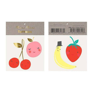 Happy Fruit TattoosThese happy fruit tattoos are super cute. They make a brilliant small gift or pop them into party bags.
TemporaryGold foil detailPack of 2Pack dimensions: 2.75 x 3.5Meri Meri