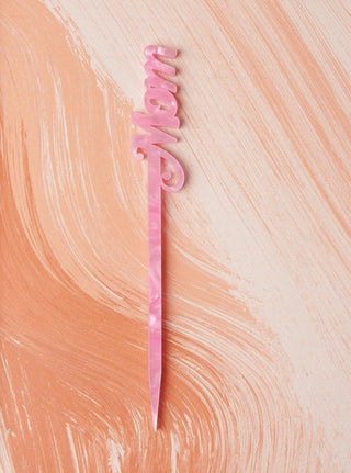 A Mother's Day Stir Stick Card by Em and Me Studio with the word "mom" on it - perfect for cocktails or as a reusable stir stick.