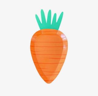 A Die Cut Carrot Shaped Plate by Meri Meri on a white background for Easter Celebration.