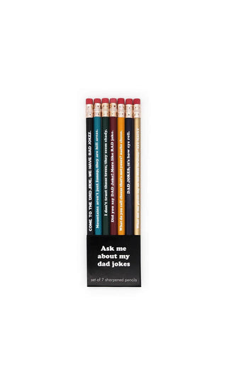 DAD JOKES PENCIL SET
The perfect little gift for the dad that has everything and thinks his jokes are the best! 
Set includes: COME TO THE DAD SIDE, we have bad jokes / Mountains aren’tSnifty