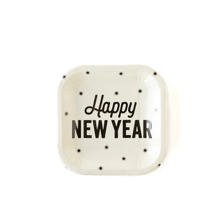 A white square Happy New Year Plate with black text, perfect for events or appetizers by My Mind's Eye.