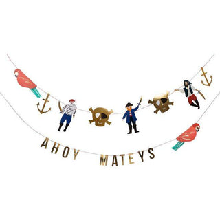 Pirates Bounty GarlandThis garland is a brilliant decoration for a pirate party. It cheerfully displays the words "Ahoy Mateys" to welcome your guests. Also features a glittering skull anMeri Meri