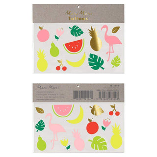 Neon Tropical TattoosThese bright tropical tattoos are perfect to add fun to any look. Great for party bags or as a small gift.
TemporaryNeon print &amp; gold foil detailPack of 2Pack diMeri Meri